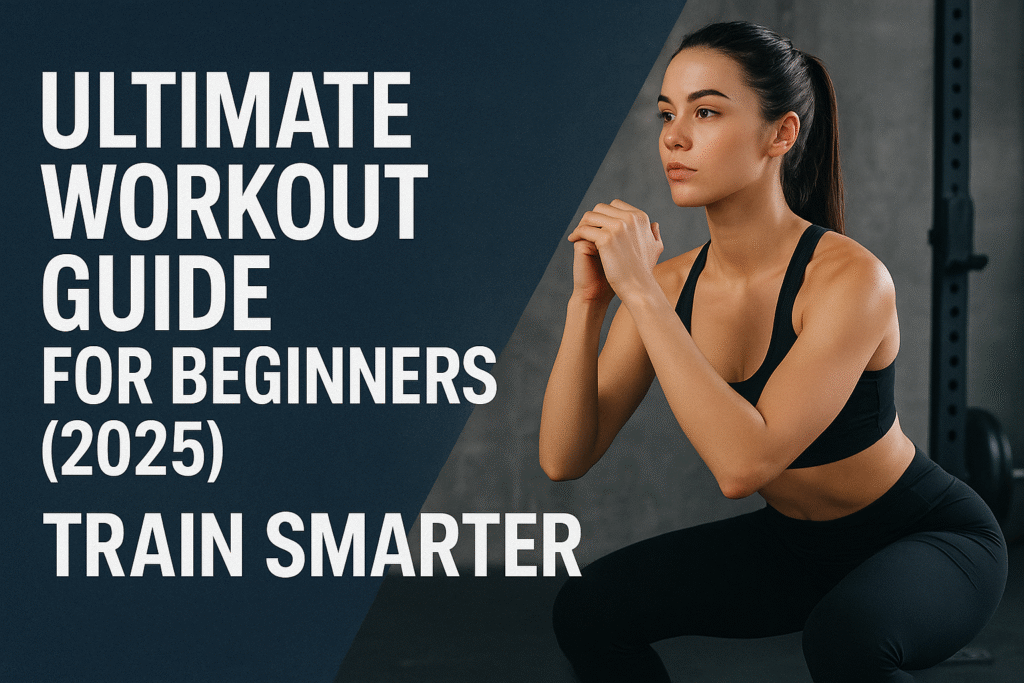 Ultimate Workout Guide for Beginners (2025): Train Smarter Ultimate Workout Guide for Beginners 2025 cover image featuring fitness icons, dumbbells, and motivational workout graphics in a modern digital design